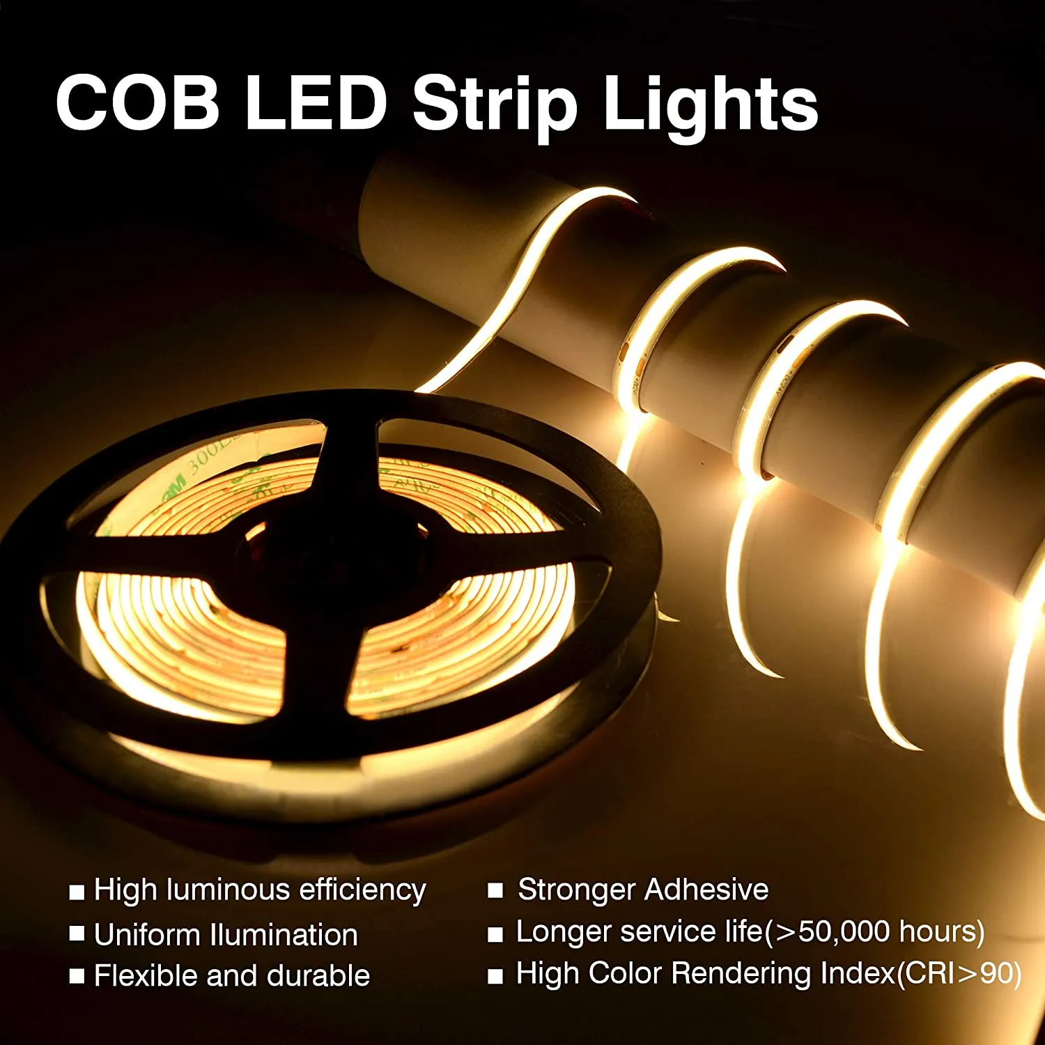 5 Meter 12V LED COB Strip 3000K IP20 (Power Supply Not Included)