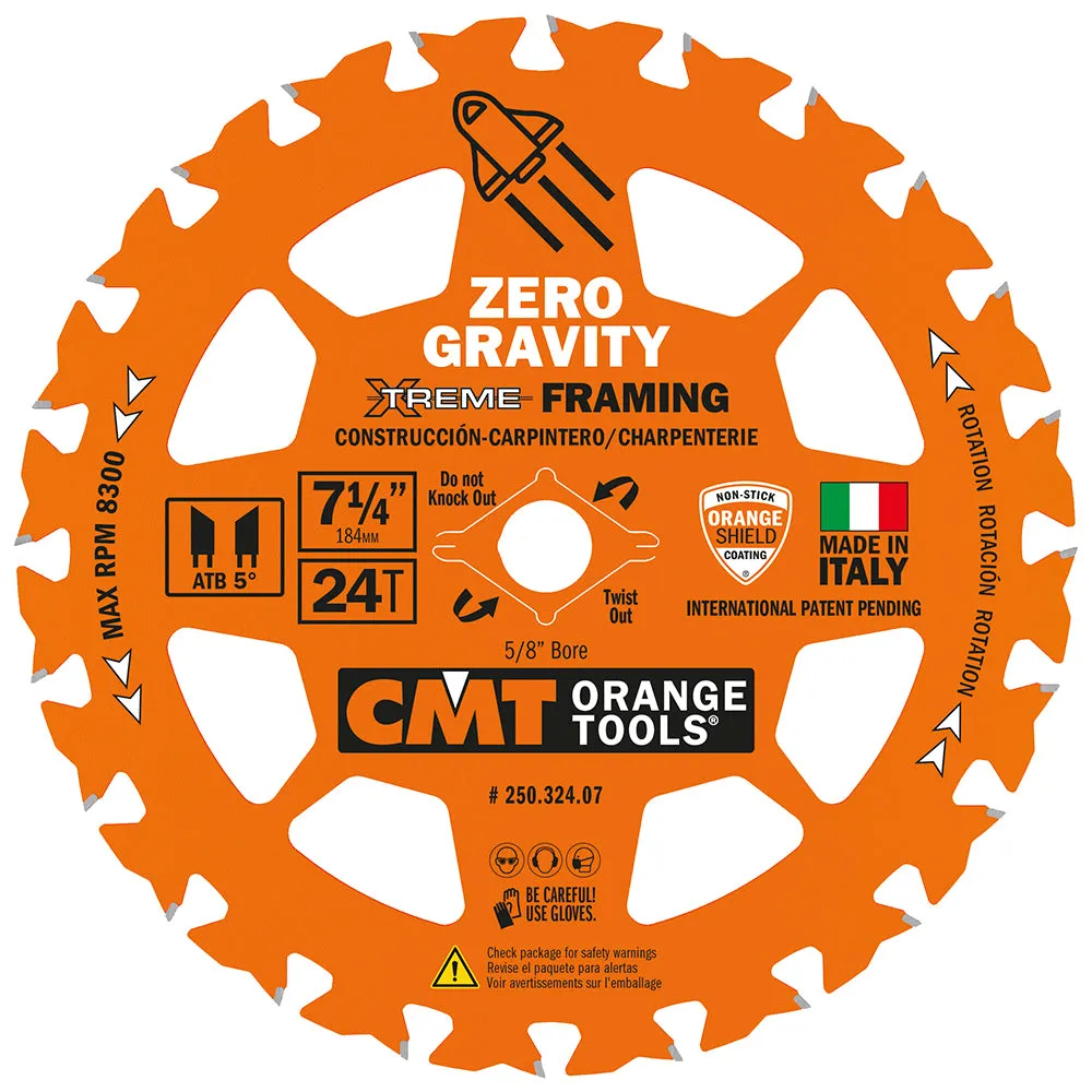 CMT Orange Tool 250.324.07 FRAMING ZERO GRAVITY 7-1/4”x0.070”/0.048”x5/8”