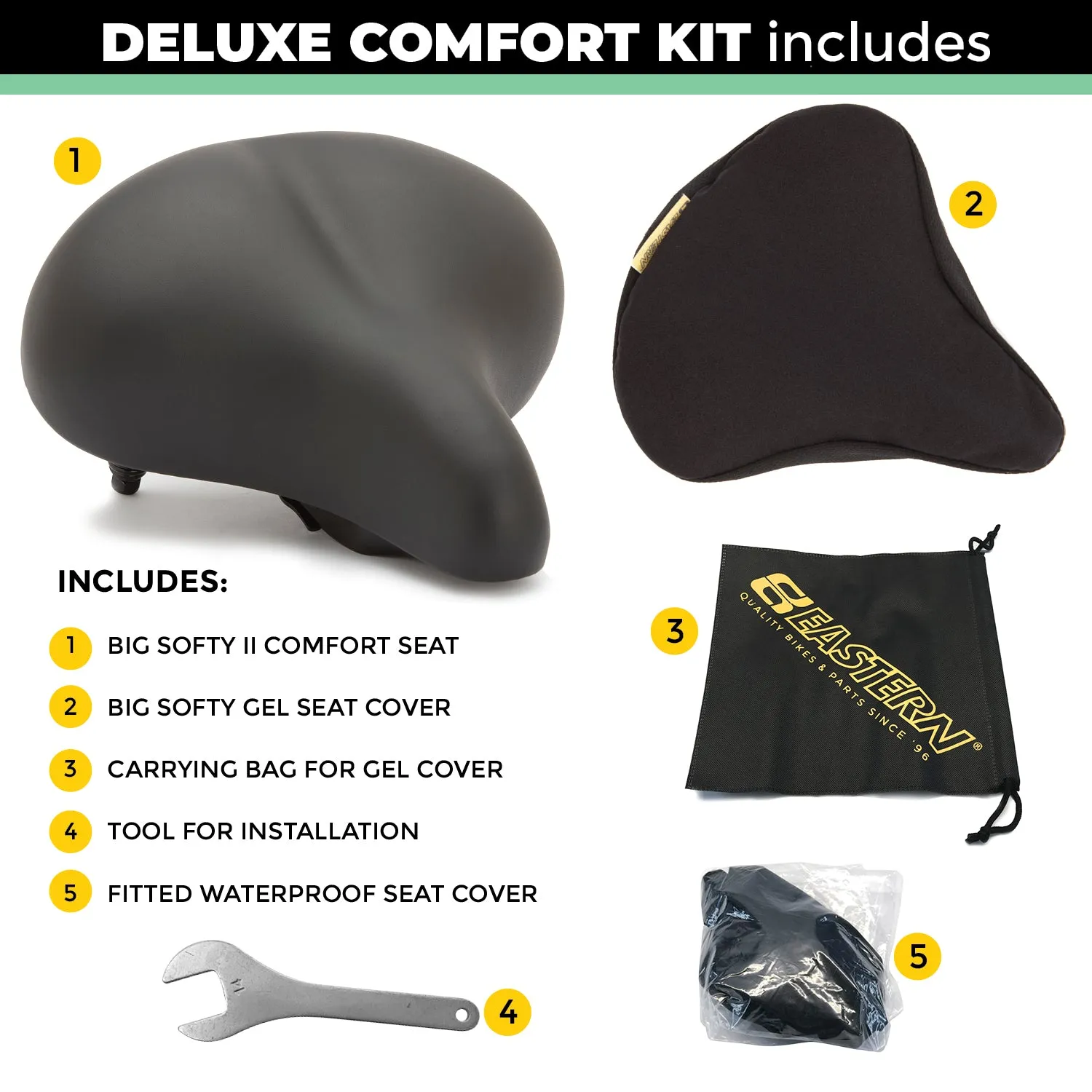 Deluxe Big Softy V2 Universal Exercise Seat Kit with Gel Cover, Rain Cover and Tool