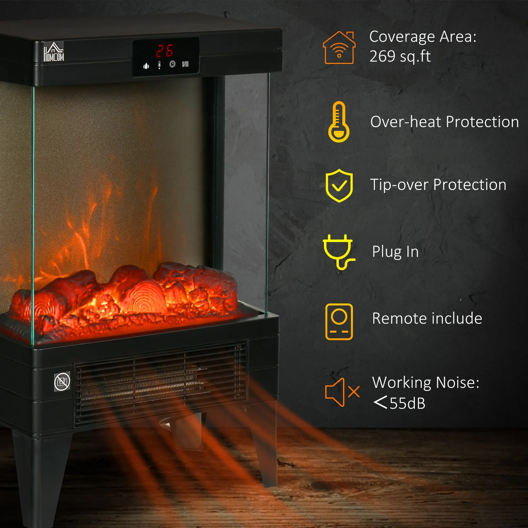 Electric Fireplace Heater, Freestanding 750W/1500W Fireplace, w/ LED Screen, Remote included Quiet Heater Ideal for 25m¬≤ Indoor Use, Black
