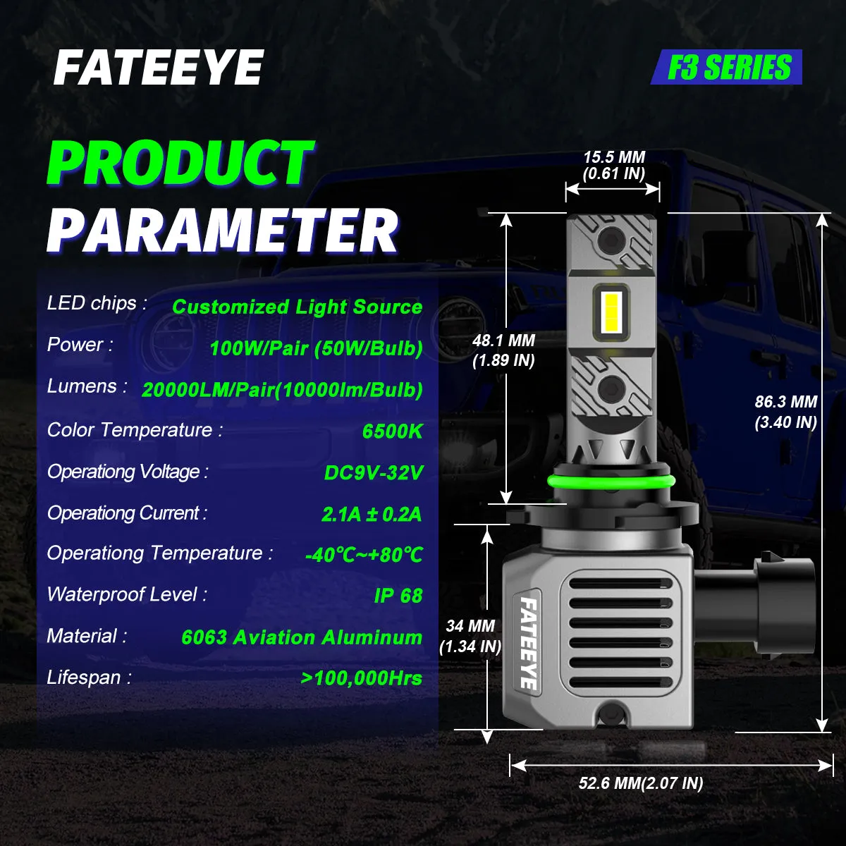 FATEEYE A700-F3-9005 LED HEADLIGHT BULBS SUPER BRIGHT 100W 20000LUMENS 6500K DRIVING BEAM