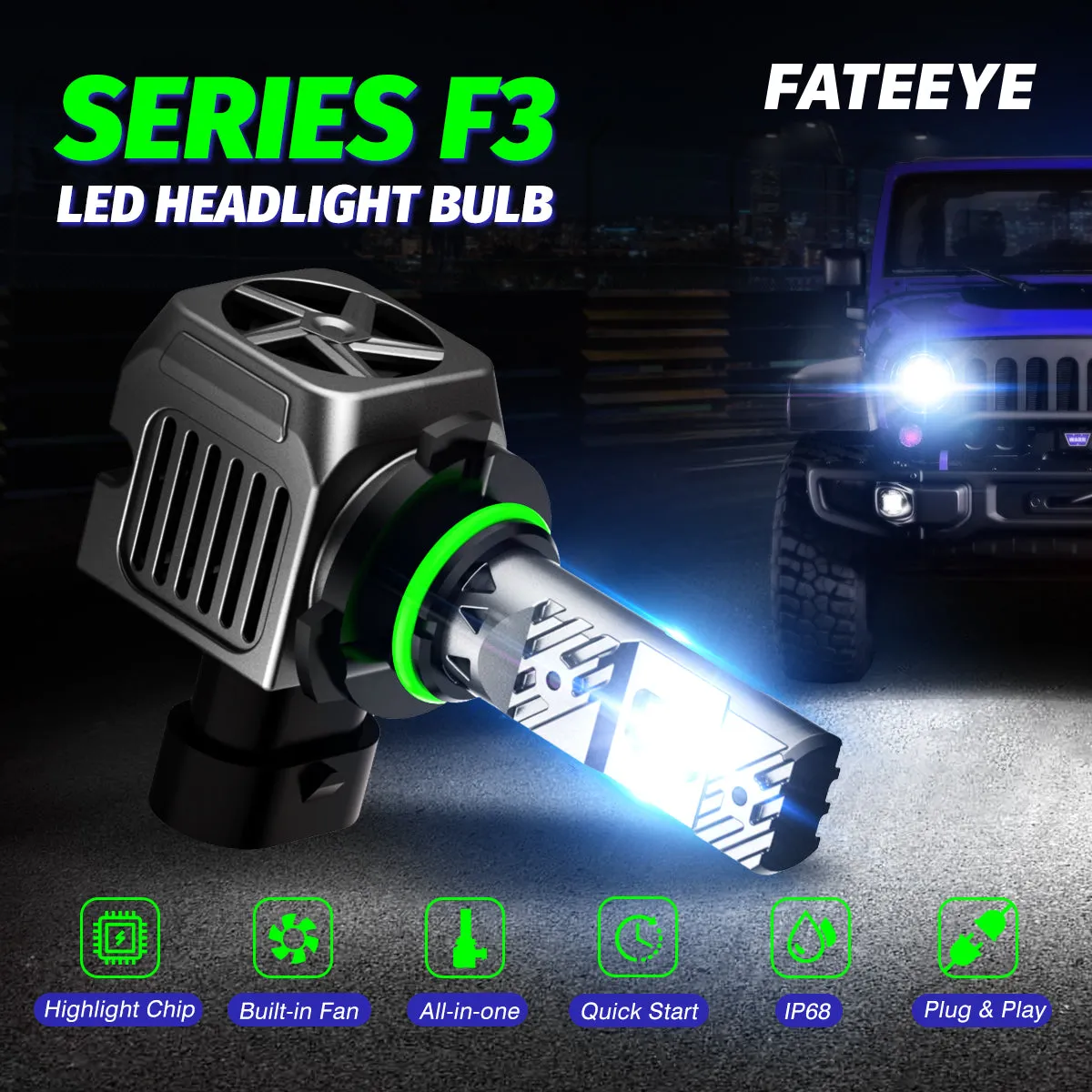 FATEEYE A700-F3-9005 LED HEADLIGHT BULBS SUPER BRIGHT 100W 20000LUMENS 6500K DRIVING BEAM