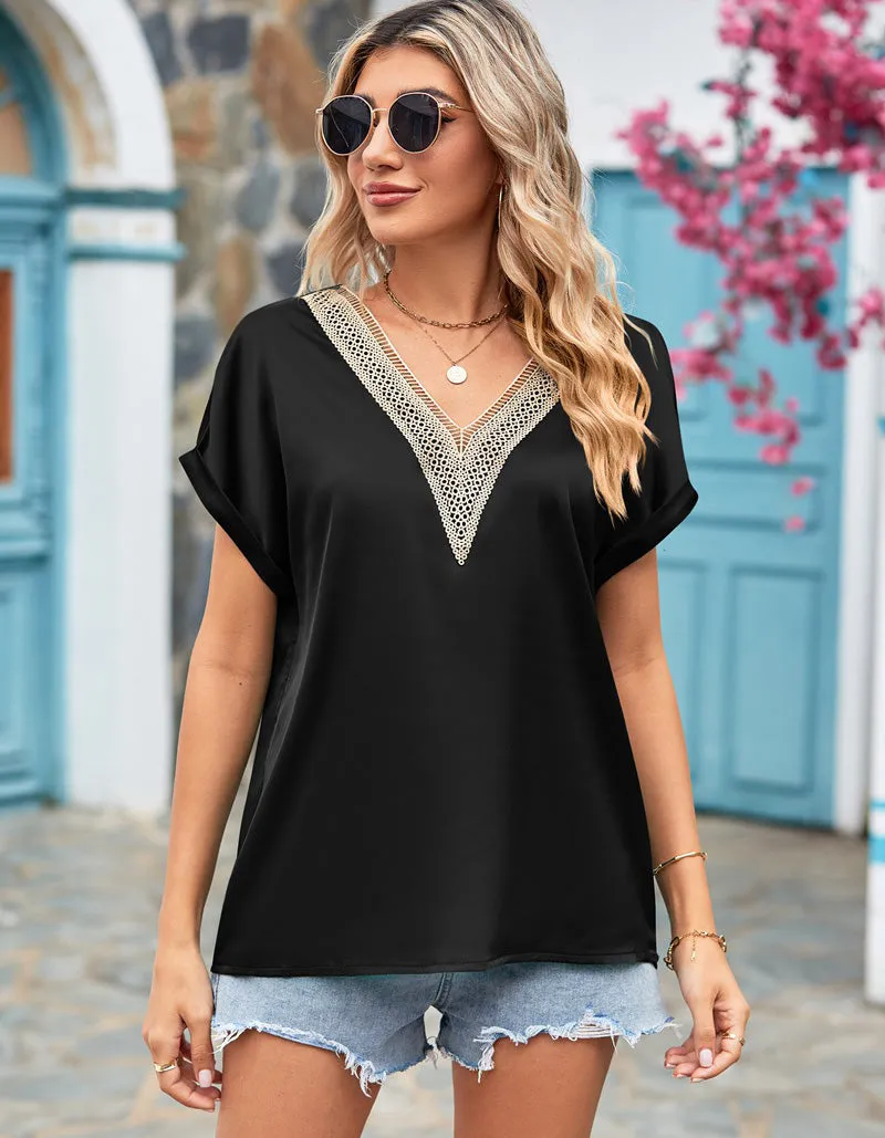 Plain V Neck Lace Satin Bat Sleeve Shirt