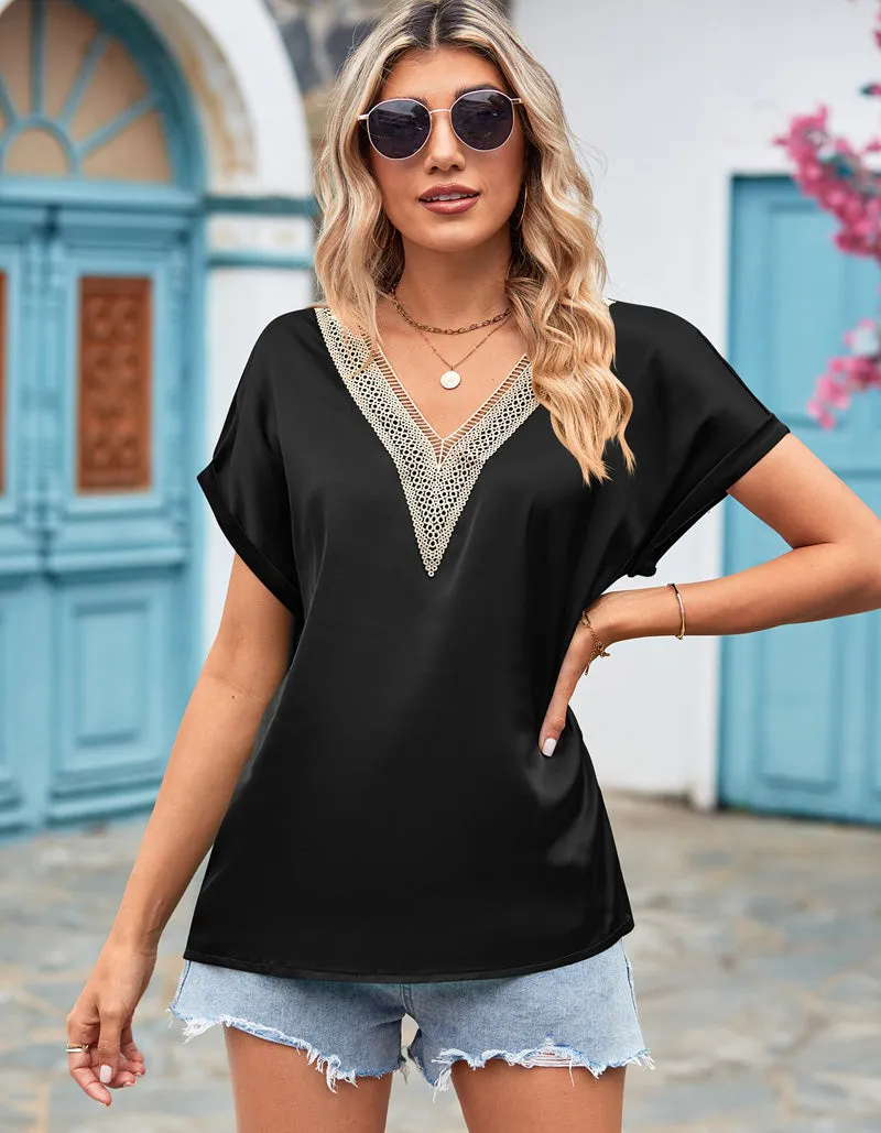 Plain V Neck Lace Satin Bat Sleeve Shirt