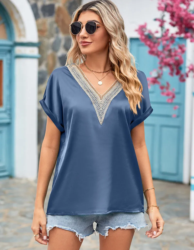 Plain V Neck Lace Satin Bat Sleeve Shirt