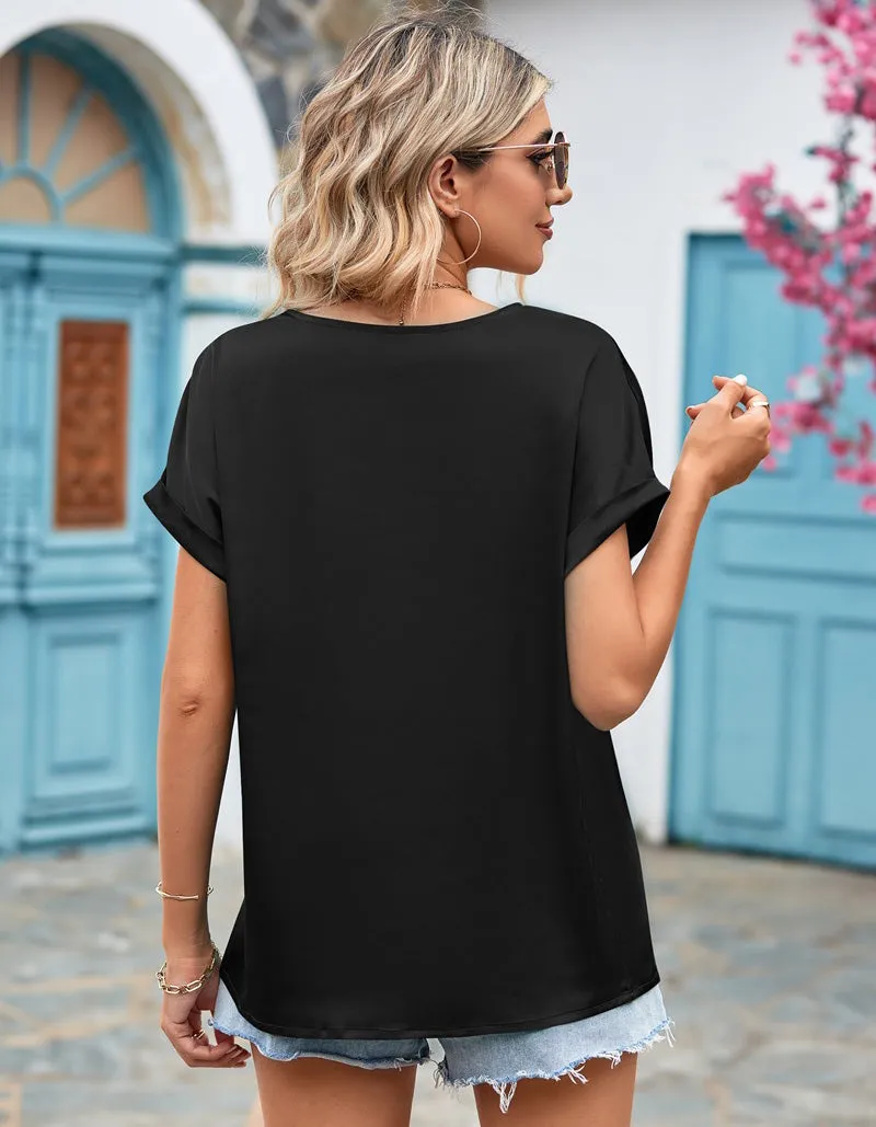 Plain V Neck Lace Satin Bat Sleeve Shirt
