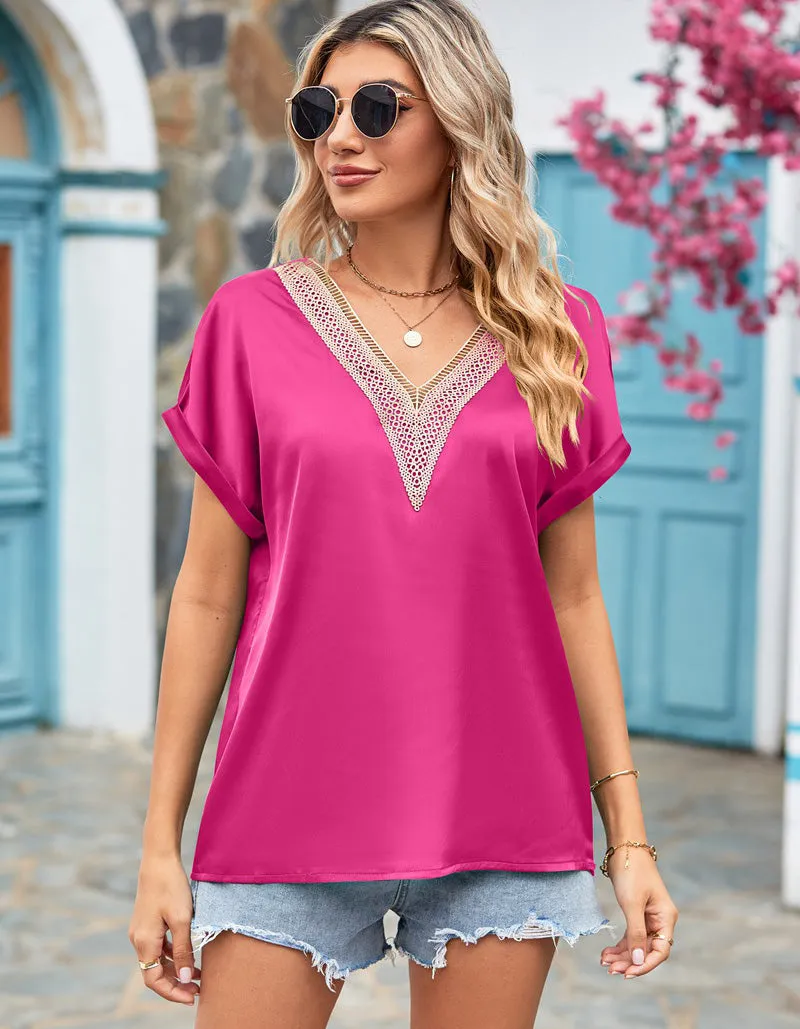 Plain V Neck Lace Satin Bat Sleeve Shirt