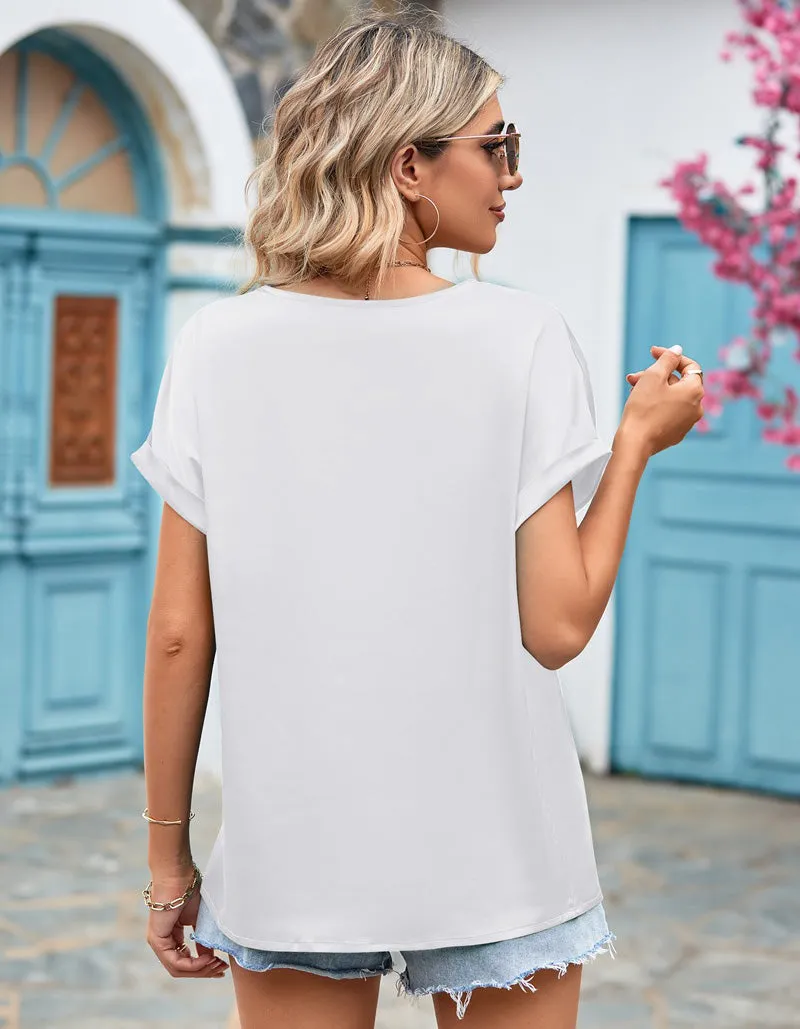 Plain V Neck Lace Satin Bat Sleeve Shirt