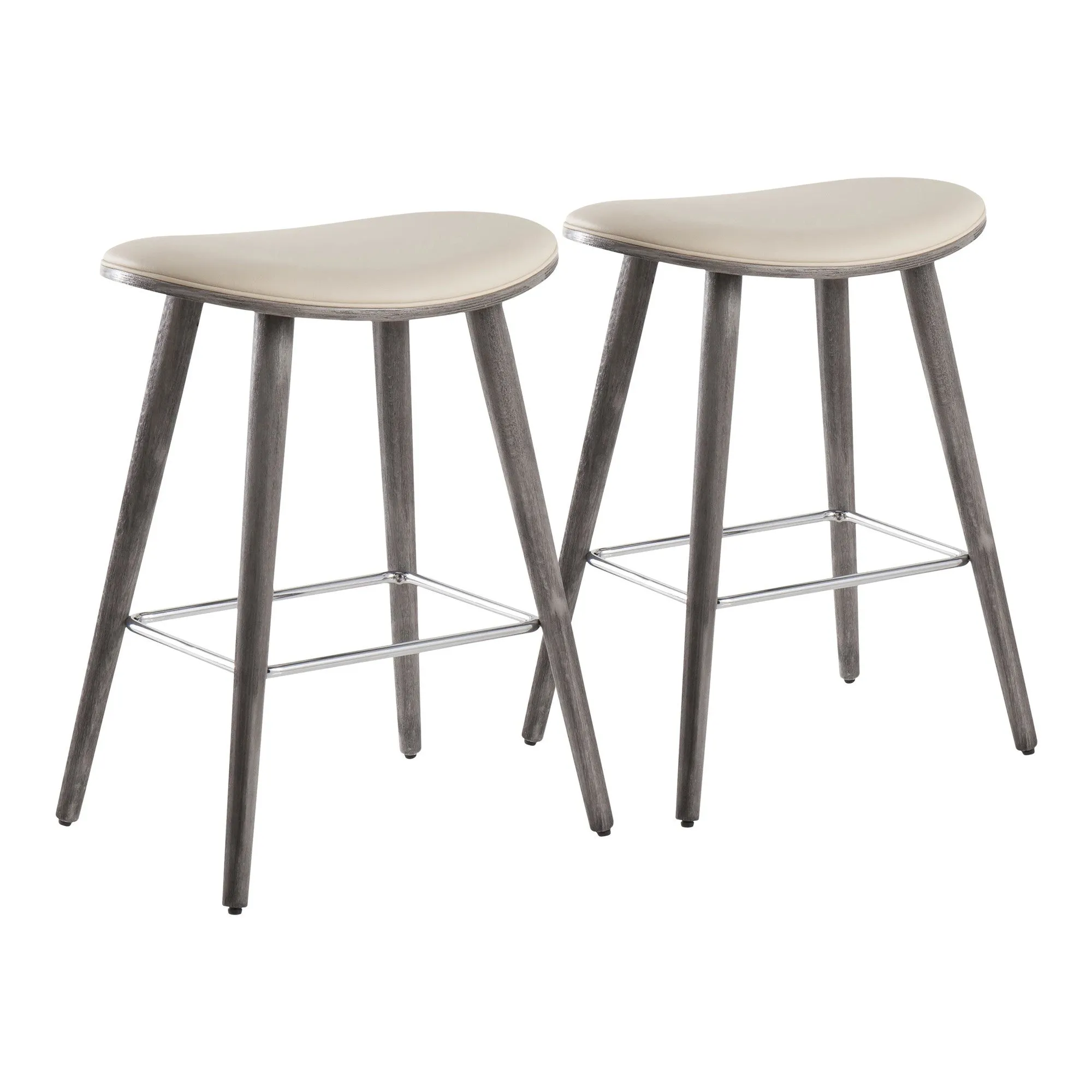 Saddle 26 inch Contemporary Counter Stool in Grey Wood and Cream Faux Leather with Chrome Metal by LumiSource - Set of 2
