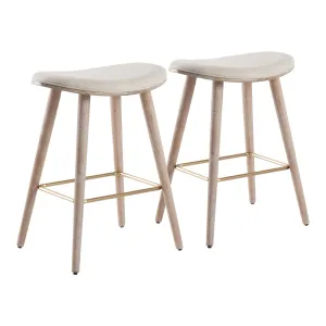 Saddle 26 inch Contemporary Counter Stool in White Washed Wood and Cream Fabric with Gold Metal by LumiSource - Set of 2