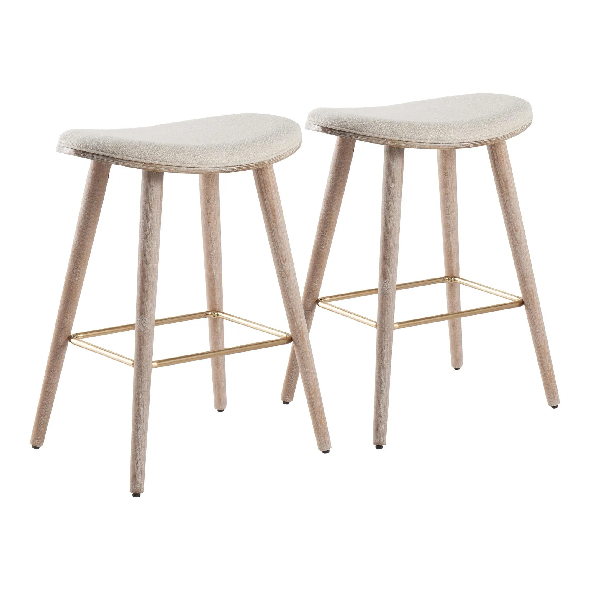Saddle 26 inch Contemporary Counter Stool in White Washed Wood and Cream Fabric with Gold Metal by LumiSource - Set of 2