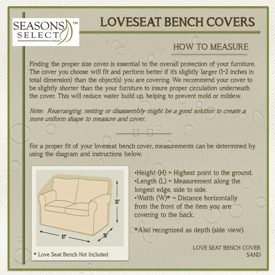Seasons Select CVP01460 Love Seat Bench Cover, Almond