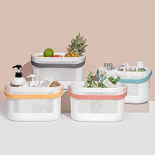 UUJOLY Plastic Storage Baskets with Handles, Shower Caddy Shelf Organizers Basket for Bathroom, Kitchen, Dorm Room, Grey